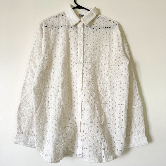 Indiskah Tops - White Boho Eyelet Button down Shirt- Floral Lace Shirt - Festival Top- Size XL